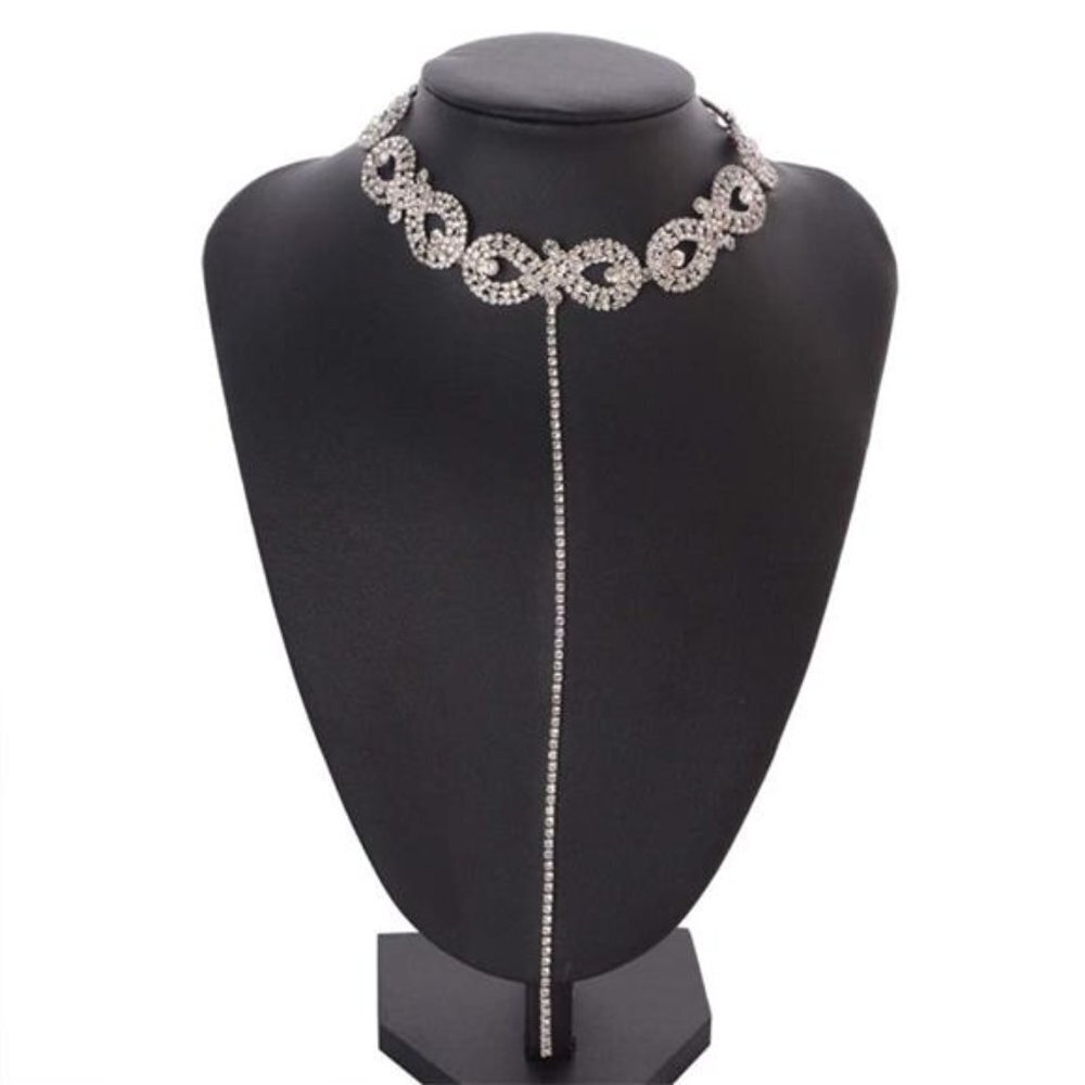 Silver‎ Choker Rhinestone Crystal Link Chain Tassel Choker Cuba Chain Necklace - Picture 3 of 4